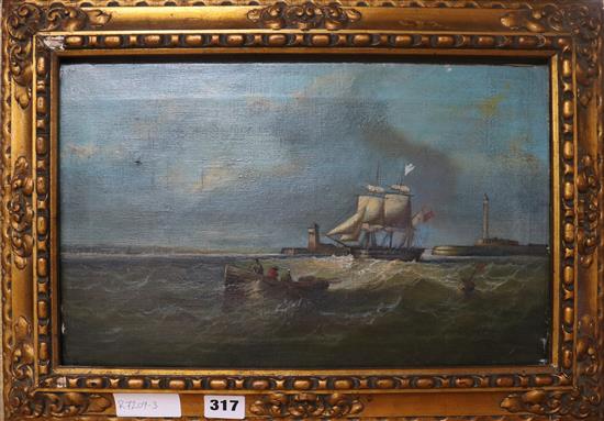 19th century style, oil on canvas, shipping in harbour including an American frigate, 9.5 x 15in.